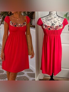 Clarie Y2K Beaded Off-Shoulder Boho Festival Empire Waist Dress Red Sz 10